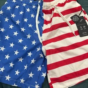 Brooklyn Cloth Blue and Red Stars and Stripes Swim Trunks